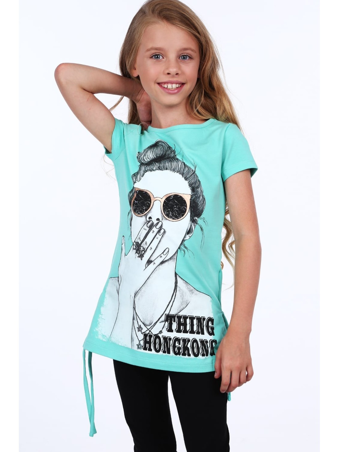 Girls\' blouse with print, dark mint NDZ8156 - Online store - Boutique